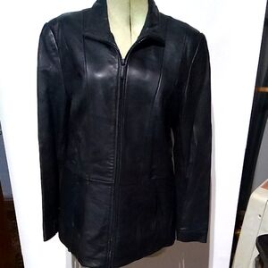 Black Leather Jacket with Classic Design and Full-Length Zipper